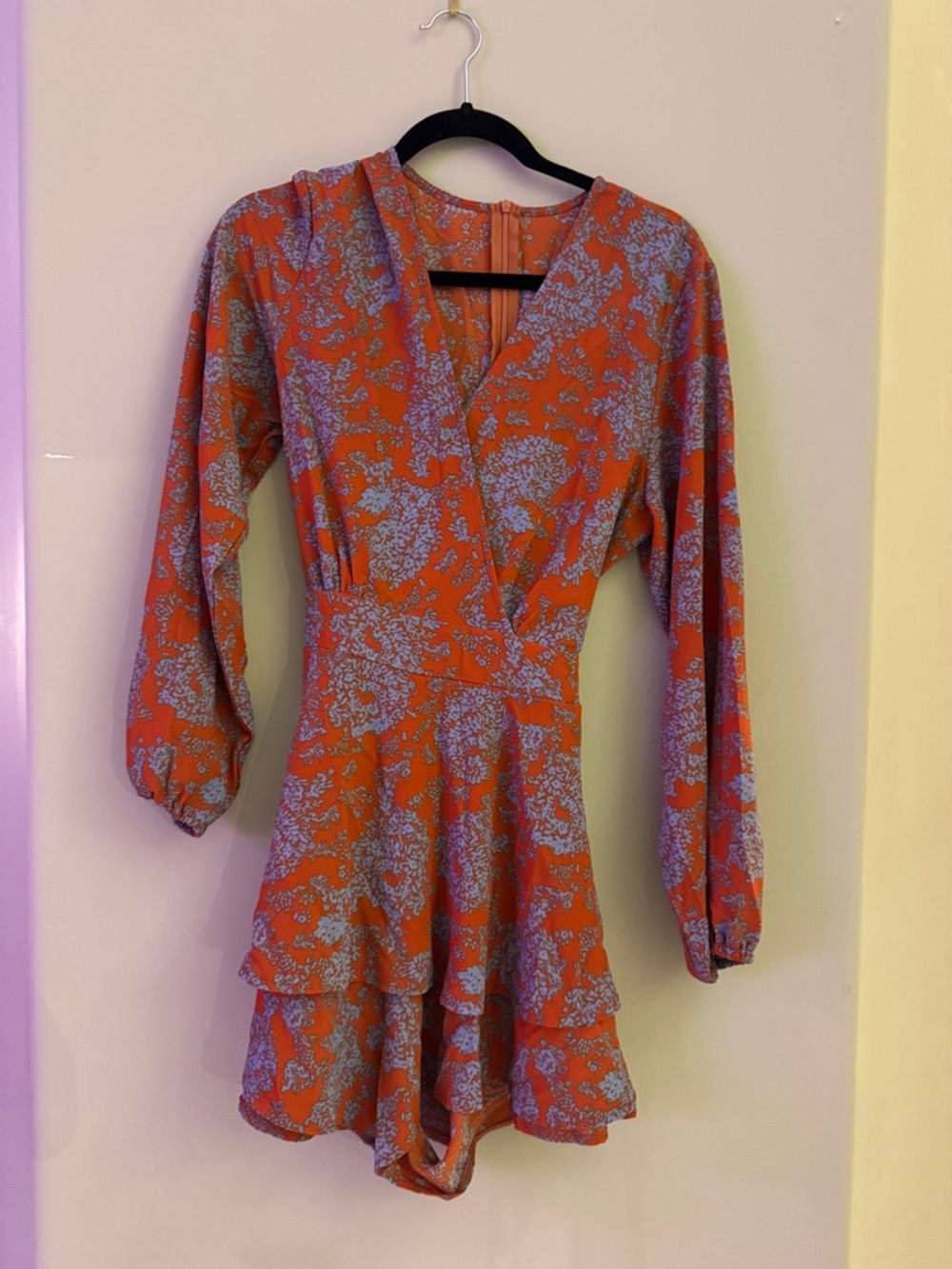 Floral Wrap Long-Sleeve Mini Dress in Coral